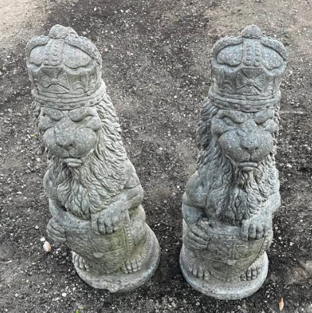 Actual pair of crowned concrete lions made by Paul Cotton of Nettleham